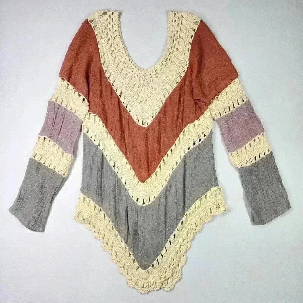 Women's Crochet Crinkle V-Neck Tunic Hippie‎ BOHO Peasant Coverup Earthy Blouse